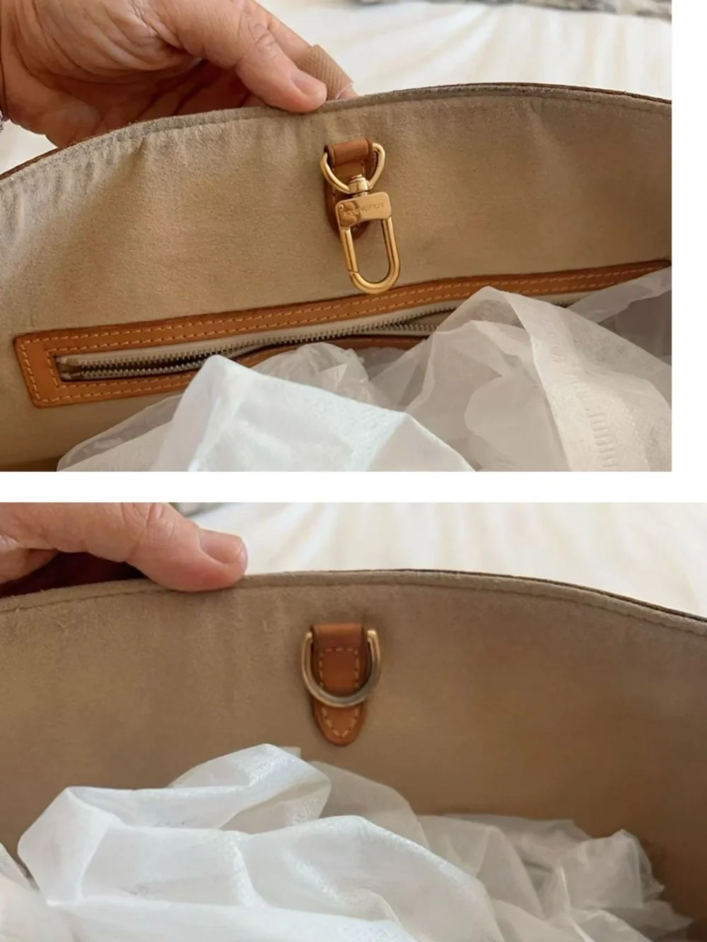 LOUIS VUITTON Damier Azur Hampstead MM Bag  Tote Bag with Tan Trim - Beige/White